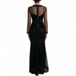 Abito in tulle con rete ricamata floreale nera - IT40-S