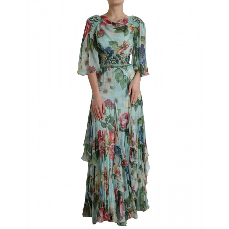 Abito lungo lungo a strati con stampa floreale blu - IT36-XXS