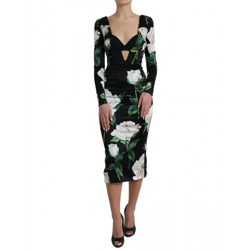 Abito longuette aderente in seta con stampa rose nere - IT38 - XS