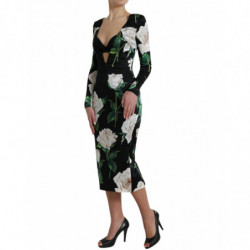 Abito longuette aderente in seta con stampa rose nere - IT38 - XS