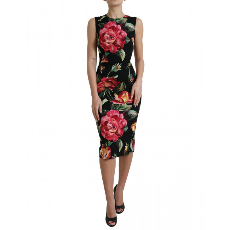 Abito longuette tubino in seta con stampa floreale nera - IT38 - XS