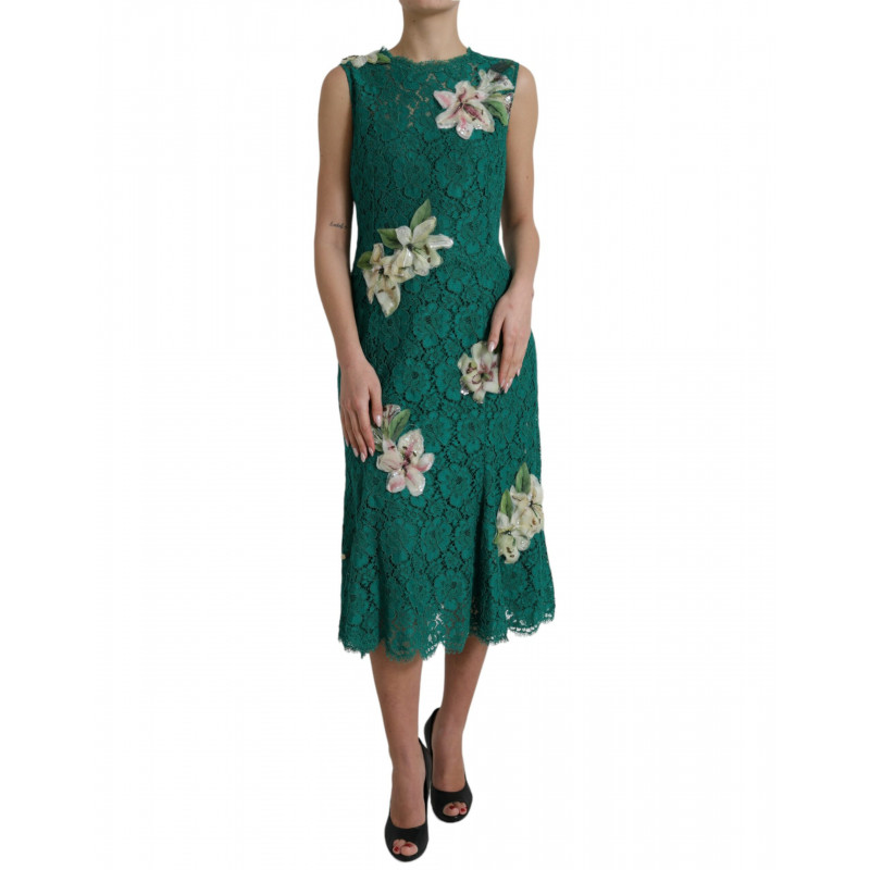 Abito longuette Aline applicazioni floreali pizzo verde - IT48 - XL