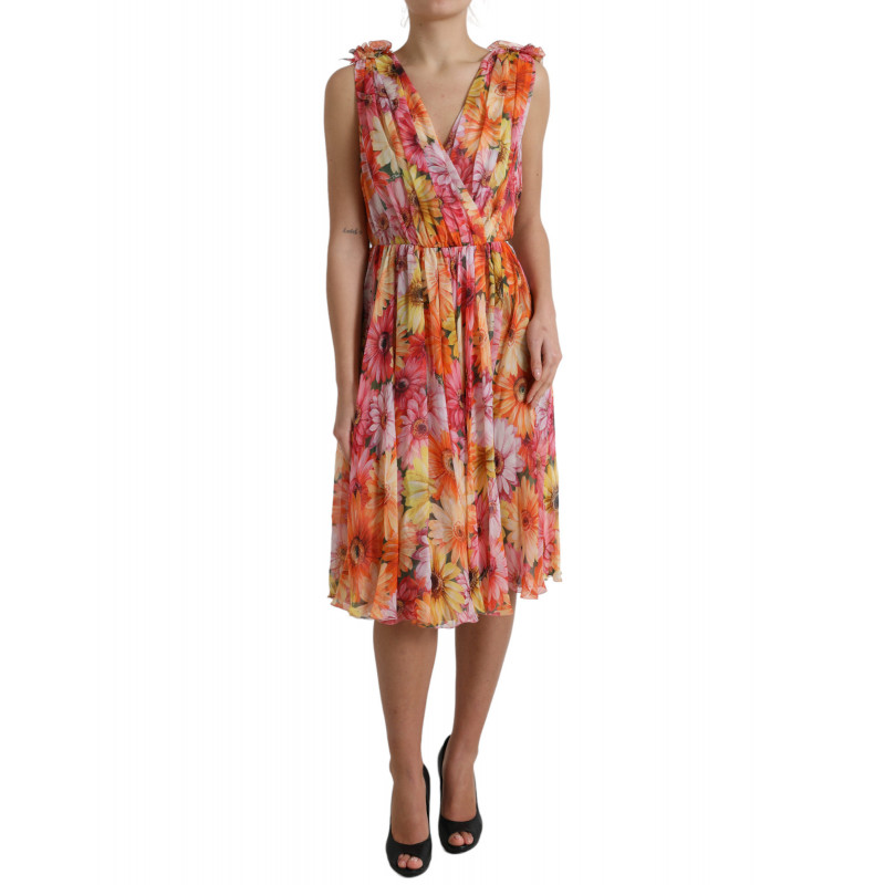 Abito midi in seta con stampa girasole multicolor - IT48-XXL