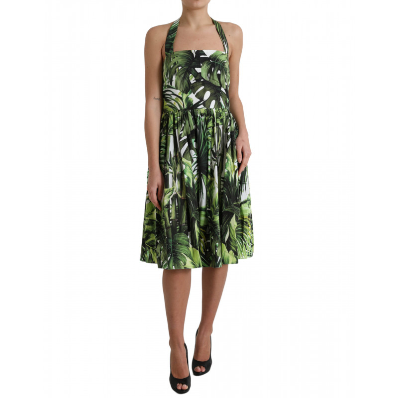 Abito longuette in cotone con stampa foglie verdi - IT46-XL