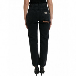 Jeans in denim strappato a vita alta in cotone nero - IT40-S