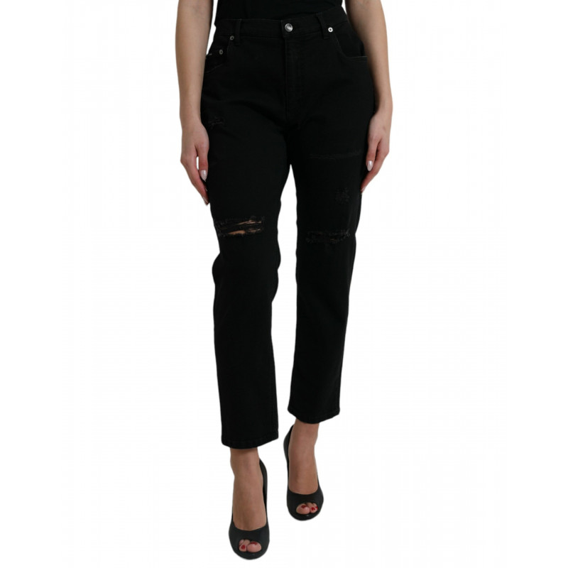 Jeans in denim strappato a vita alta in cotone nero - IT40-S