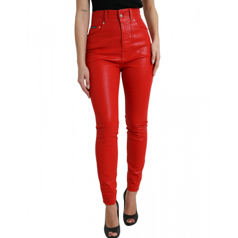 Jeans skinny in denim a vita alta in cotone rosso - IT40-S