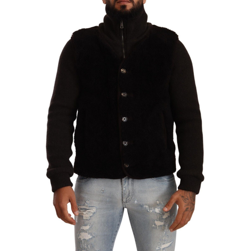 Giacca da uomo in pelle nera con collo alto e collo alto - IT48 - M