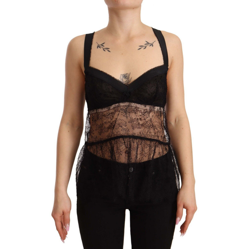 Top intimo in nylon con babydoll in pizzo di seta nera - IT2 - S